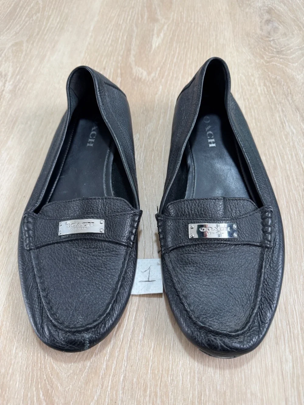 Coach Black Pebbled Leather Penny Loafers with Silver Plaque